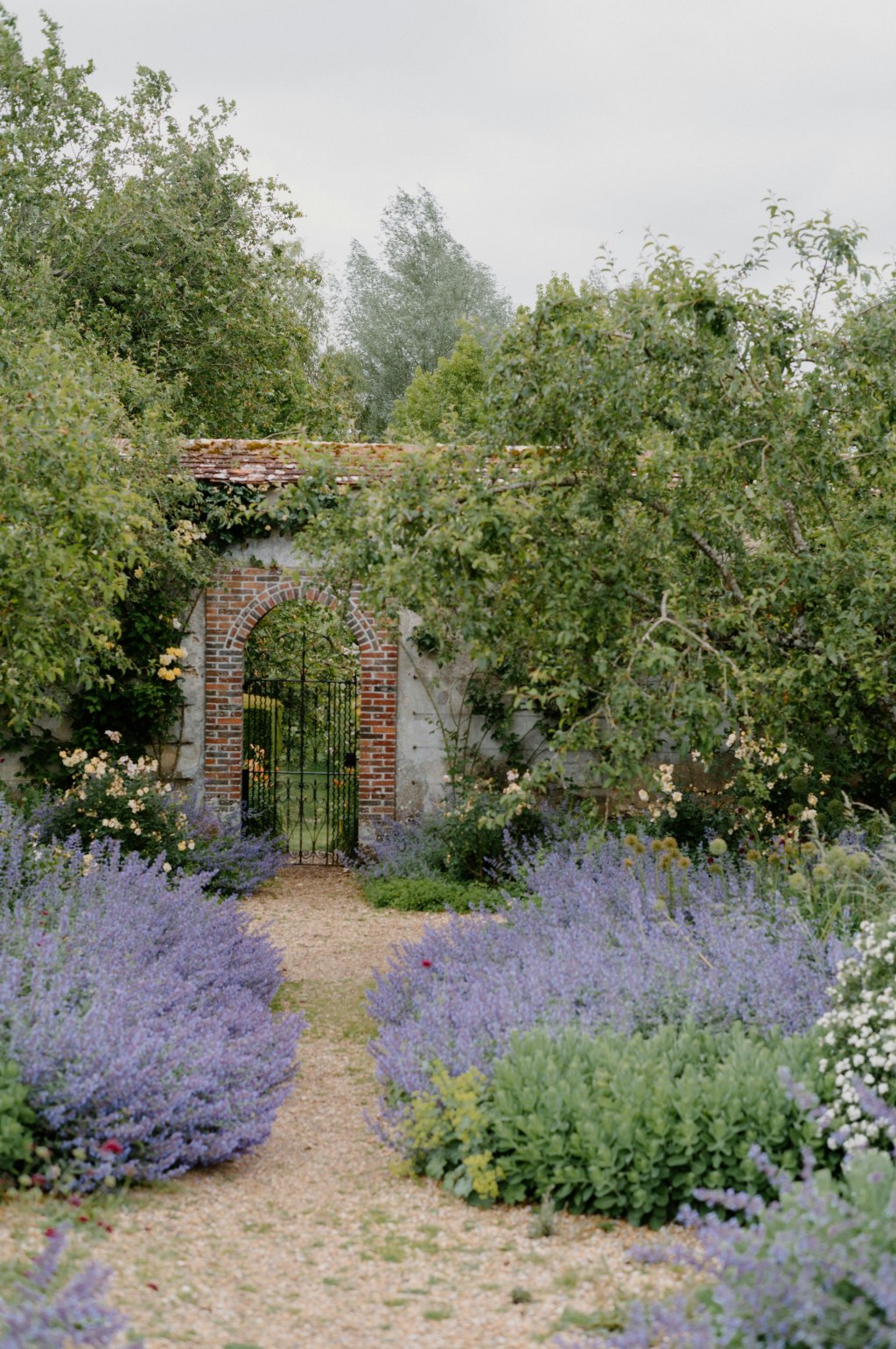 A real English garden photographed through a brick archway, with lavender and leafy plants lining the entrance.